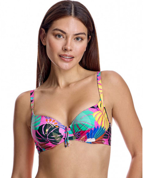 Top bikini para mujer copa básica con banda bajo pecho y aro en color fucsia