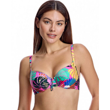 Top bikini para mujer copa básica con banda bajo pecho y aro en color fucsia Top bikini para mujer copa básica con banda bajo pecho y aro en color fucsia