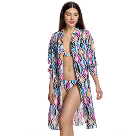 Camisola playera larga de mujer con estampado de ondas y cierre abotonado