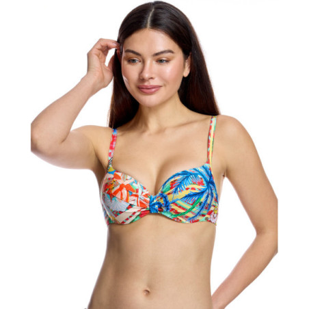 Top de bikini de mujer con aros y estampado tropical