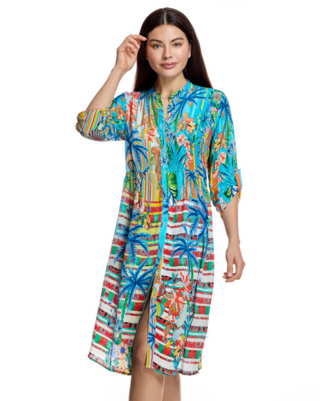 Vestido camisero de mujer con cuello mao y estampado tropical