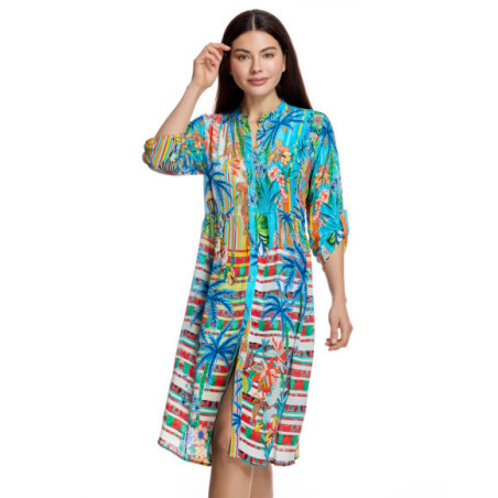 Vestido camisero de mujer con cuello mao y estampado tropical