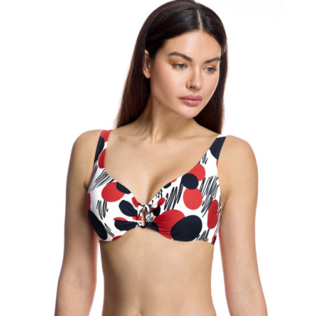 Top de bikini reductor con escote en pico y grafismo abstracto