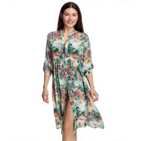 Vestido playero de mujer con cuello camisero y estampado exótico