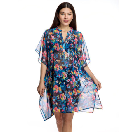 Caftán de mujer con estampado botánico y escote Henley