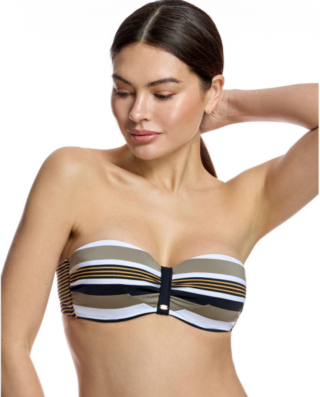 Top de bikini de mujer tipo bandeau y detalle central en contraste
