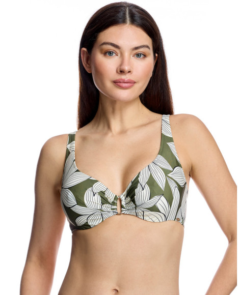 Top de bikini de mujer con escote redondo y anilla central