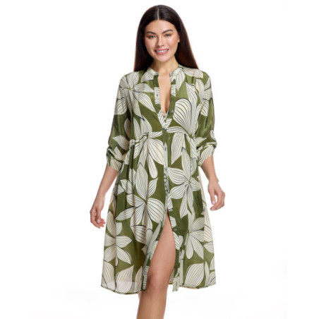 Vestido camisero de mujer con botones frontales y diseño floral
