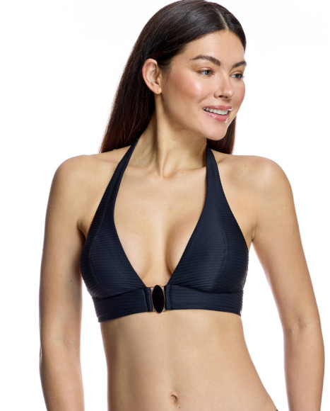 Top de bikini de mujer con escote halter y detalle de broche central