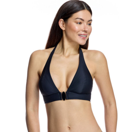Top de bikini de mujer con escote halter y detalle de broche central