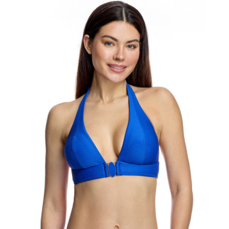 Top de bikini de mujer con escote halter y detalle de broche central